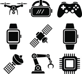 Black and white icons of modern technology, including drone, vr headset, gamepad, smartwatch, satellite, robot arm, and cpu
