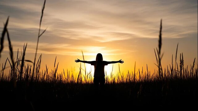 Silhouette of a person with arms outstretched standing in tall grass against a vibrant orange and yellow sunset sky