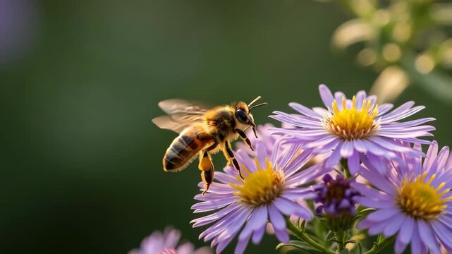 Bee flying towards purple aster flower video