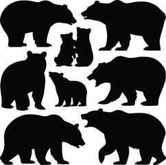  bear vector set eight black silhouettes standing sitting cub