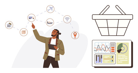 Man interacting with connected objects, business data charts, and ecommerce basket. Ideal for ecommerce, technology, analytics, internet of things, market strategy, innovation simple flat metaphor