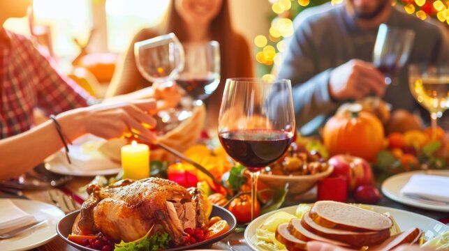Friends and family gather for a warm, festive dinner with roasted turkey, ham, and red wine, celebrating togetherness