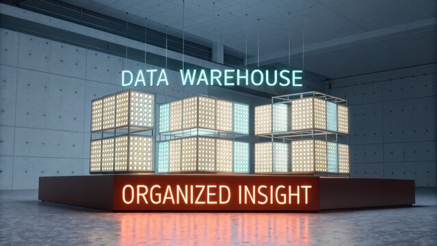 Modern Data Warehouse Concept with Illuminated Boxes and Organized Insight in a Futuristic Environment