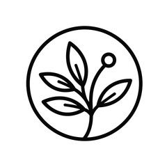 Minimalist black line art icon of a delicate plant sprout with leaves inside a simple circle, representing growth and nature.