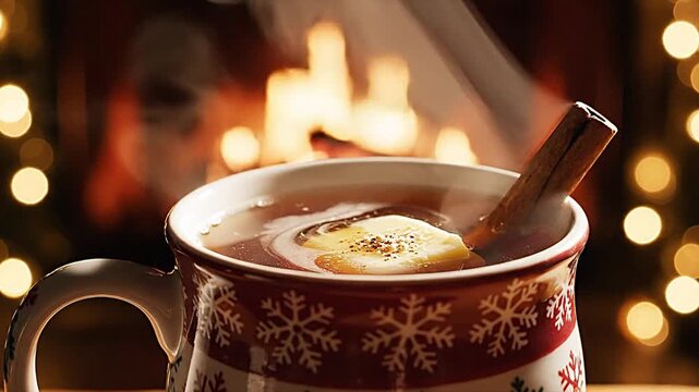 A festive snowflake mug with a hot spiced drink, cinnamon stick, and orange slice by a cozy fireplace.