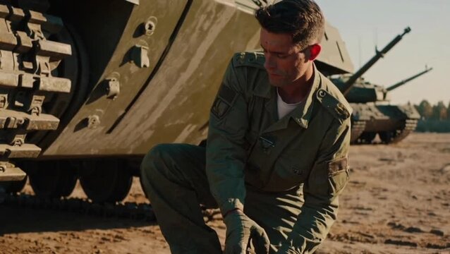 Army engineer fixing tank tracks before parade, gritty realism
