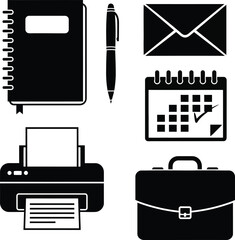 Office essentials notebook, pen, envelope, calendar, printer, and briefcase for organized productivity