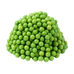 Fresh green peas piled high in a mound against a dark background