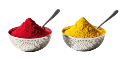 Two bowls of colored powder with spoons transparent background cutout png