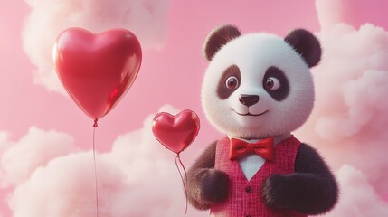 A panda bear in a vest and bow tie holding heart shaped balloons against a pink cloudy background