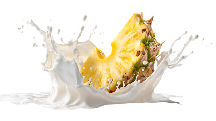 Fresh pineapple slice splashing into creamy white liquid against a dark background
