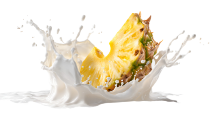 Fresh pineapple slice splashing into creamy white liquid against a dark background