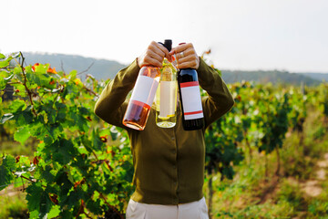 Woman holding three wine bottles in vineyard