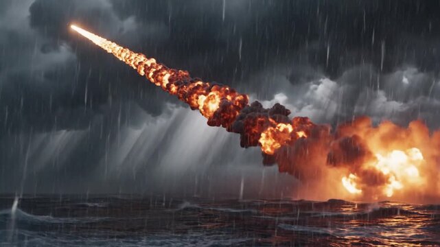 Intense Rocket Launch Illuminates Stormy Ocean Waters with Fiery Ascent