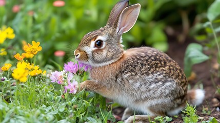 Fototapeta premium Cute wild brown bunny in the spring grass eating in a nature field