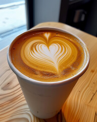 Cappuccino with heart-shaped latte art in a paper cup on a wooden table