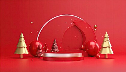 Festive Red Christmas Podium Display with Golden Trees and Abstract Shapes.