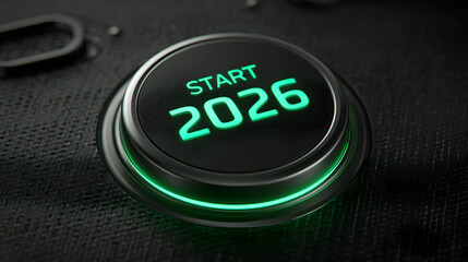 Start 2026. Round button to start New Year. Inscription 2026 on panel with neon green lighting. Start of New Year. 2026 button to move to future. Background for business ads. 3d image
