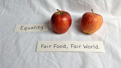 Two Red Apples with Signs of Equality and Fair Food Fair World on White Background