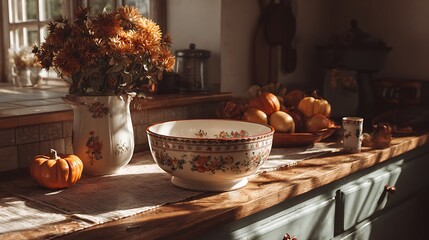 Old wood kitchen table and fireplace decoration with burning coffee tea candles