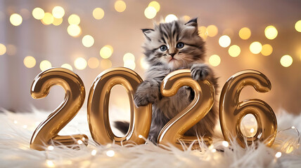 Adorable kitten with gold balloons celebrating the new year
