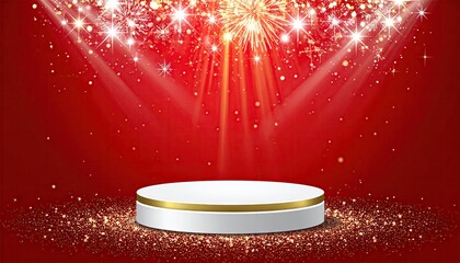 Festive Podium Stage with Golden Glitter and Fireworks Display.