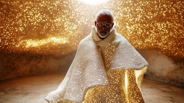 A mesmerizing figure stands elegantly, wrapped in a shimmering garment illuminated by countless golden lights, creating an enchanting atmosphere and captivating presence in a beautifully textured