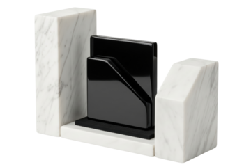 Modern decor object with white marble and black shiny geometric shape on isolated background