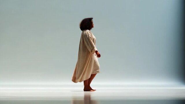 A graceful figure, serving as the embodiment of serenity and elegance, walks slowly across a minimalist stage, emphasizing the fluidity and beauty of movement in soft light.