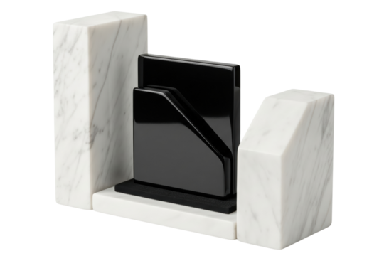 Modern decor object with white marble and black shiny geometric shape on isolated background