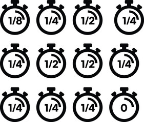Flat vector illustration, stopwatch icons set, time fraction symbols, progress tracking elements, black line style, isolated on white background