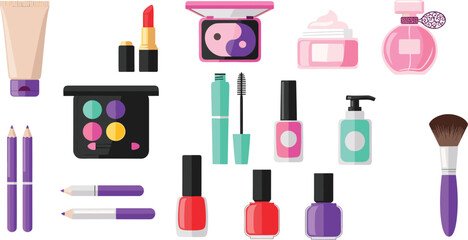 Makeup and cosmetic product set with lipstick, perfume, nail polish, foundation, eyeshadow, beauty tools, flat vector illustration