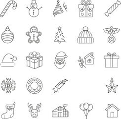Flat vector illustration, holiday icons set, festive Christmas symbols, winter celebration elements, black line style, isolated on white background
