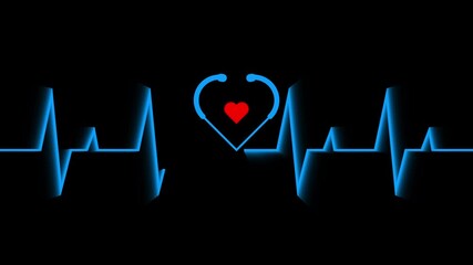 ECG heartbeat line with red heart looping and stethoscope symbol on dark background, medical cardiology pulse graphic, health monitoring concept, hospital healthcare design