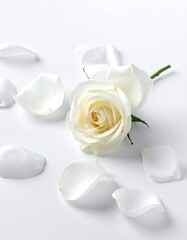 Elegant White Rose with Scattered Petals on a Clean Surface.