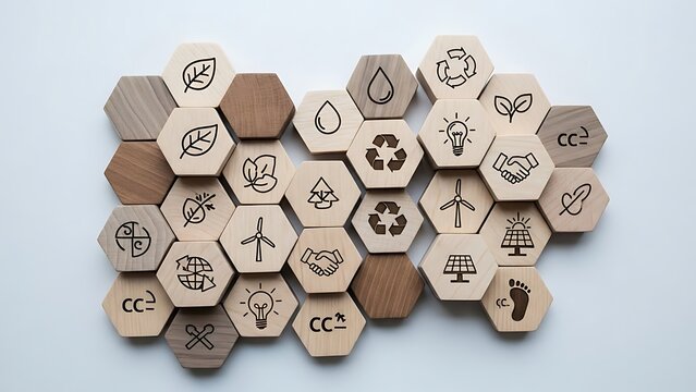 Eco-Friendly Icons on Wooden Hexagon Tiles - Powered by Adobe