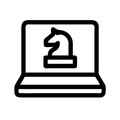 A laptop displaying a chess knight piece in black outline on the screen with a white background view