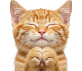 Cute orange tabby kitten praying with eyes closed transparent background cutout png