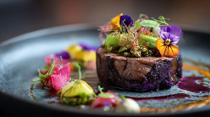 Delicious chocolate cake with flowers and green healthy fresh vegetables