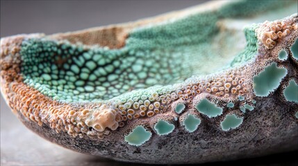 Close-up of mold growing on food, showcasing textures and colors. The image highlights the detailed patterns and the effects of decomposition.
