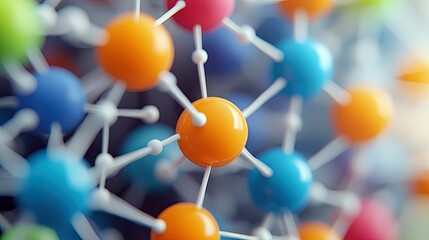 Close-up of a molecular structure model with colorful spheres connected by white bonds, representing scientific concepts.