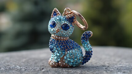 Cute ceramic blue cat and porcelain doll toy isolated on a winter snow background