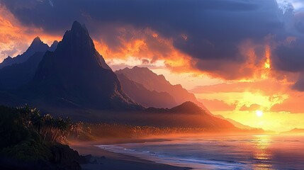 A beautiful coastal landscape featuring mountains, a beach, and a vibrant sunset with dramatic clouds. The scene is bathed in warm, golden light.