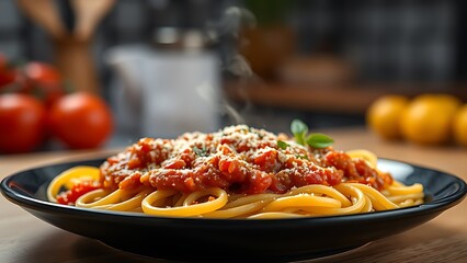 Close-up of delicious spaghetti with rich tomato sauce, steam rising from the plate.