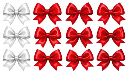 Collection of elegant satin bows in red and white for decoration.