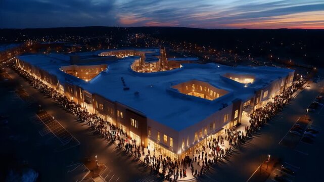 Stunning Aerial View of a Busy Shopping Complex at Twilight, Showcasing a Long Queue of Shoppers Eagerly Awaiting Entry as the Sky Transforms with Beautiful Colors