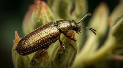 Macro closeup of a small black beetle on a green leaf and grass