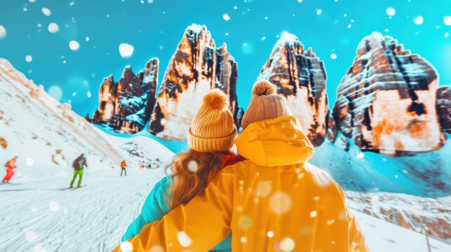 Romantic winter mountain escape: Couple embracing on snowy ski slopes amidst dramatic peaks with falling snow - Powered by Adobe
