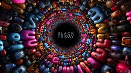 A Vibrant, Spiraling Kaleidoscope of Colorful Products Captivatingly Draws the Eye into the Enigmatic Center, Where the Iconic 'Black Friday' Message Shines Brightly Amidst the Chaos - Powered by Adobe