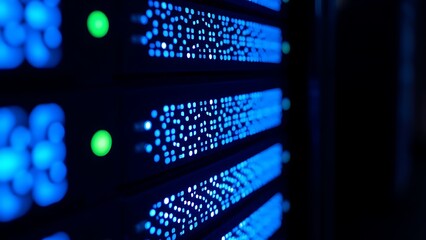 Close-up of glowing blue server rack lights creating an abstract technological pattern on a dark background.